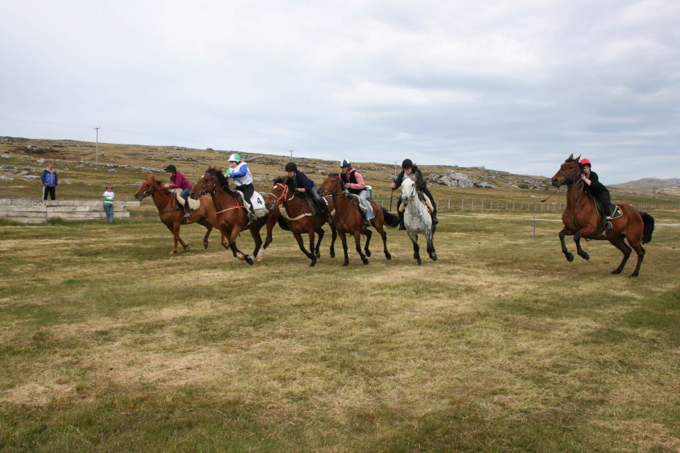 Competitors set off at one of the horse races held during the Falkland Islands boxing day sports