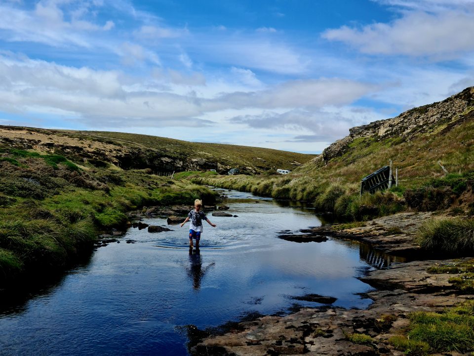 Child walking in a river in the Falklands